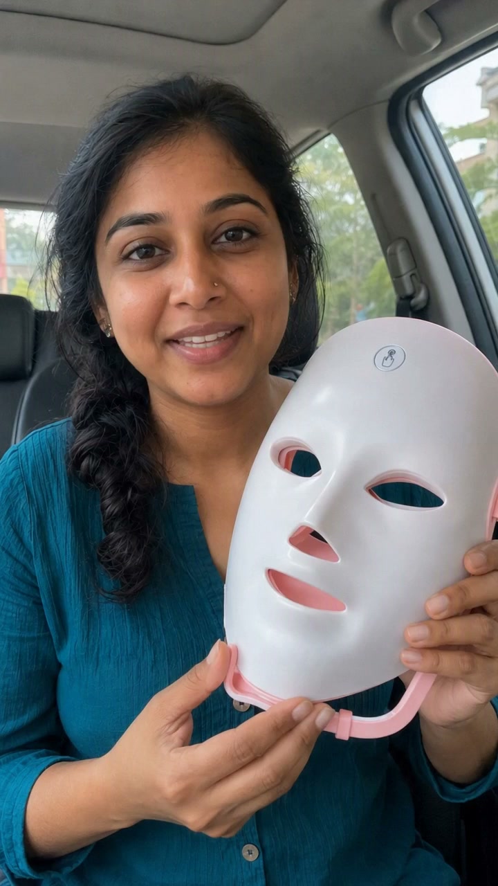 woman using led light therapy mask in her car