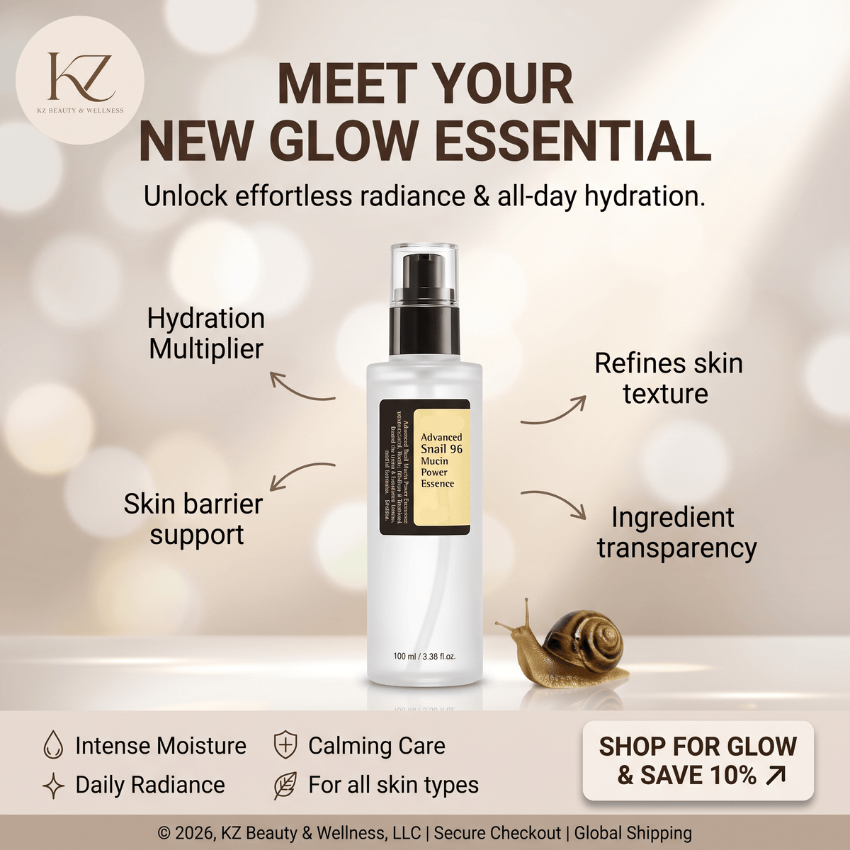Korean Snail Mucin 96% Facial Essence - KZ Beauty & Wellness
